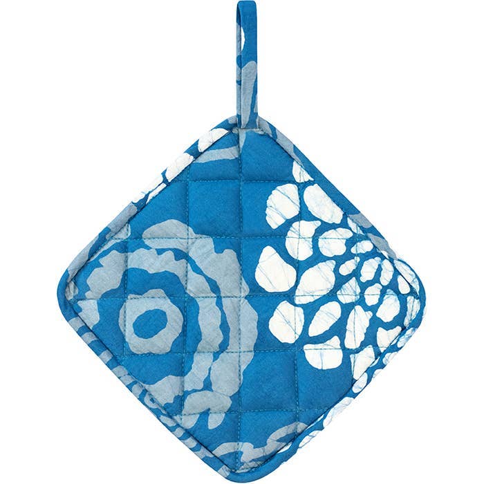 Organic Batik Pot Holder from Global Mamas featuring indigo blue floral batik pattern with loop for hanging.