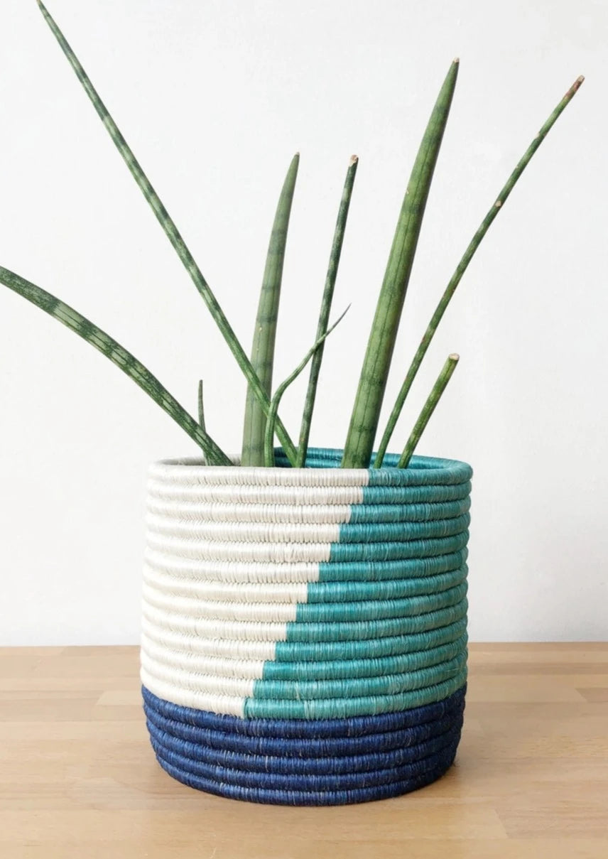 Woven Sisal & Sweetgrass Planters: Blue & White - Zawadisha