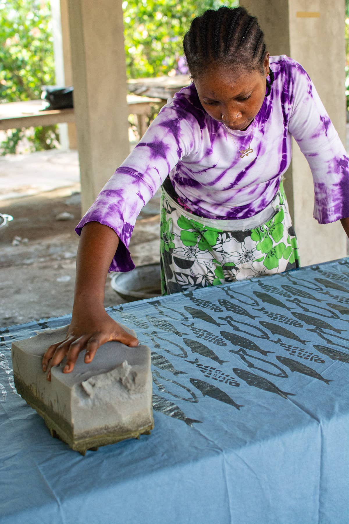 Organic Batik Pot Holder with Sardines design by Global Mamas, featuring vibrant fabric and detailed fish pattern.