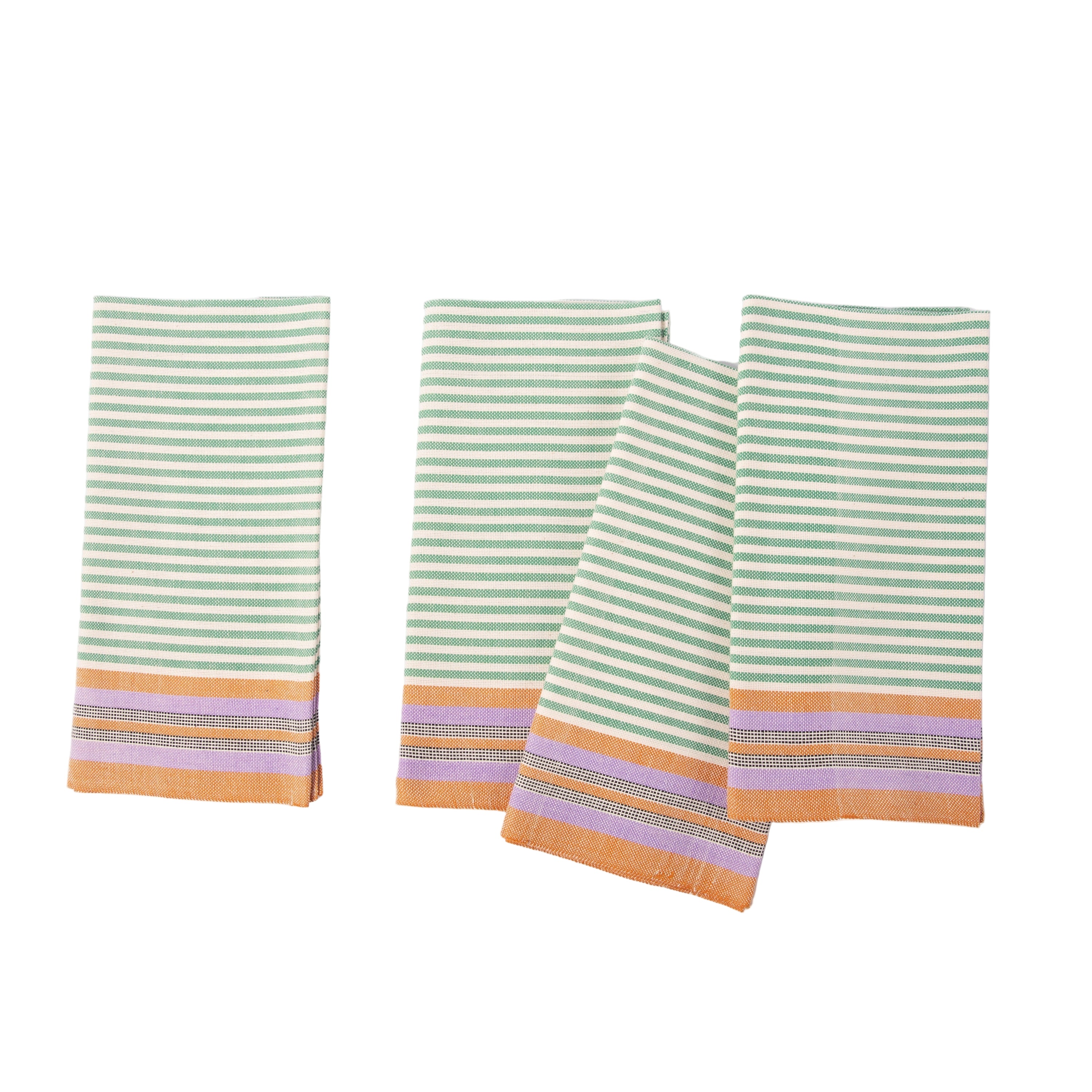 Set of four green and white striped towels with colorful trim on a white background