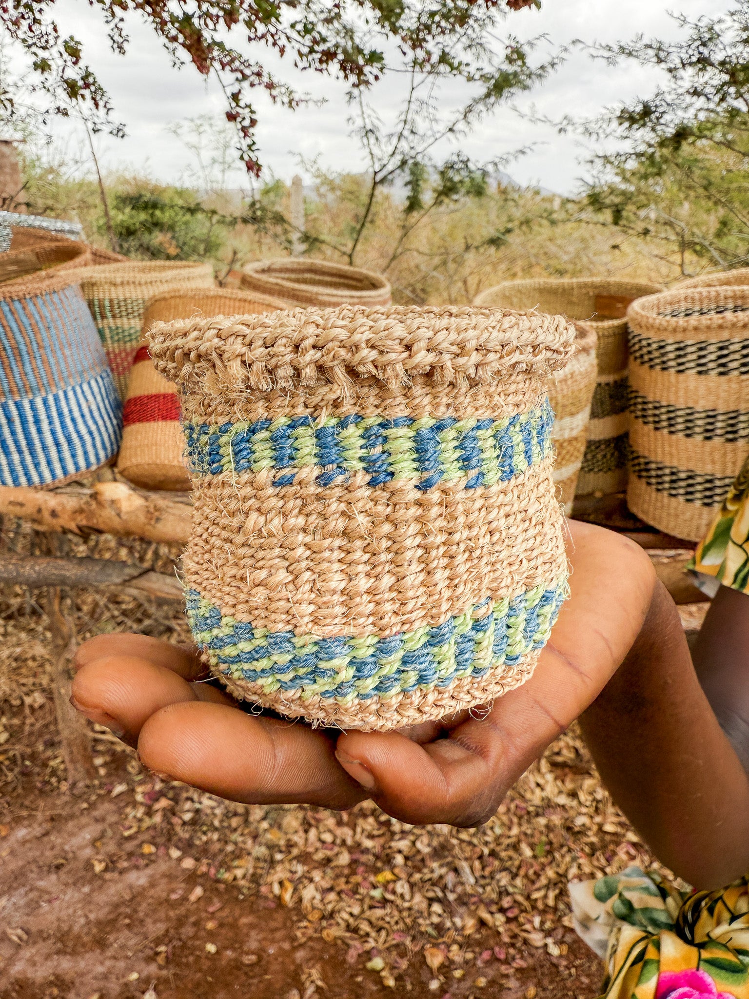 Hadithi thick weave sisal basket with sturdy handles, natural textured basket for storage or decorative use.