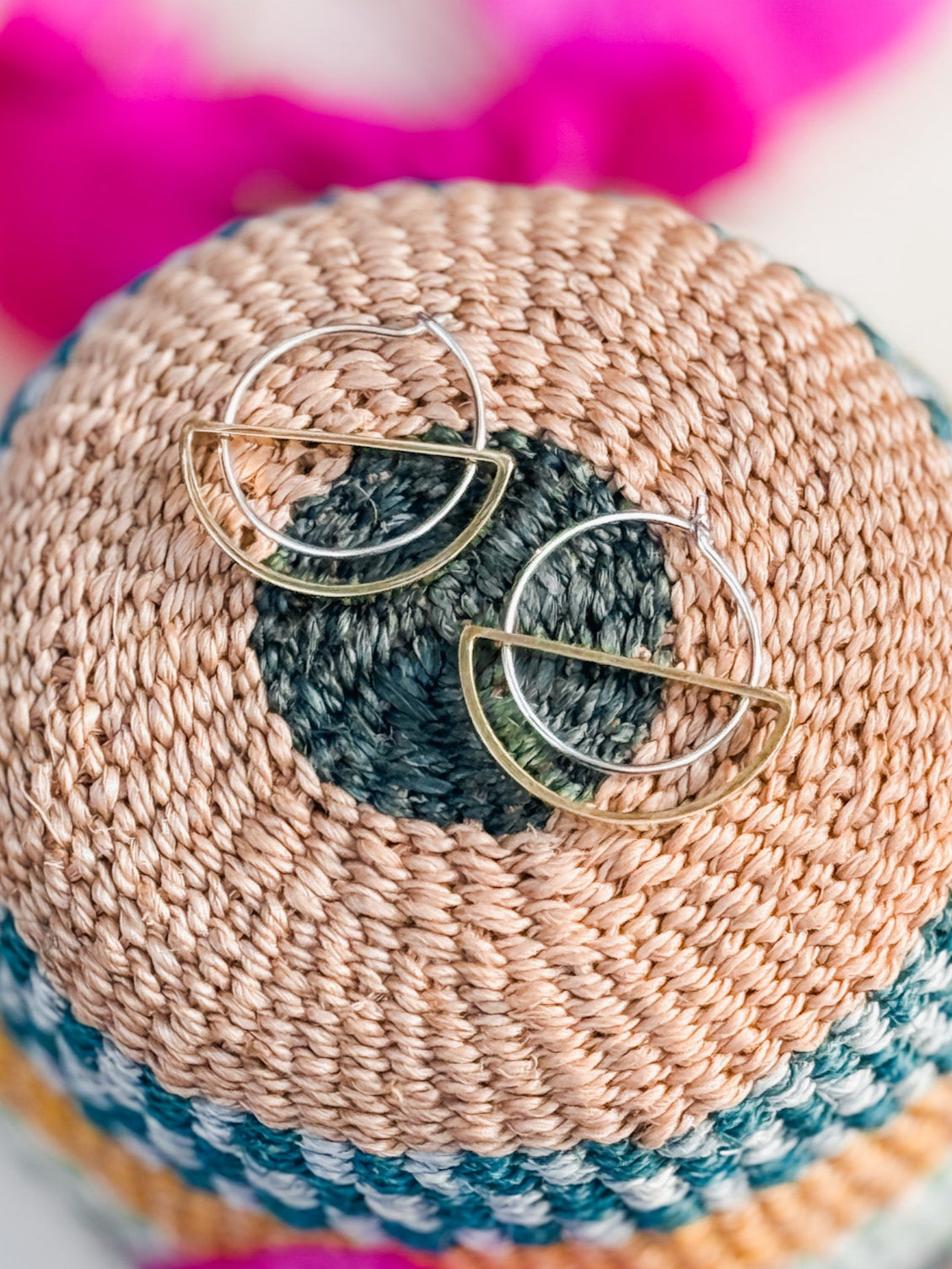 Brass half moon earrings on sterling silver hoops