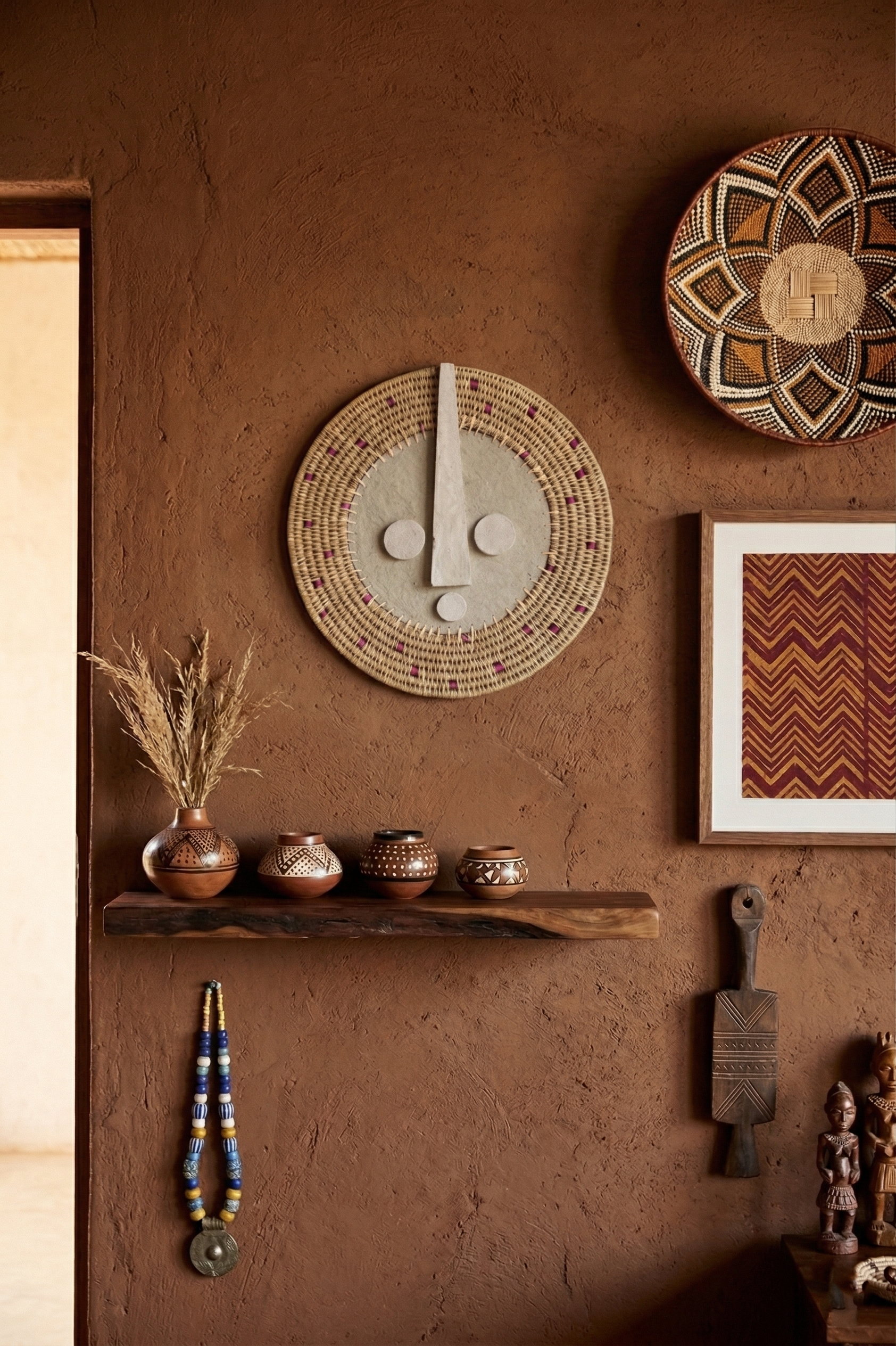 Decorative wall with tribal masks, pottery, and a framed picture on a brown wall.