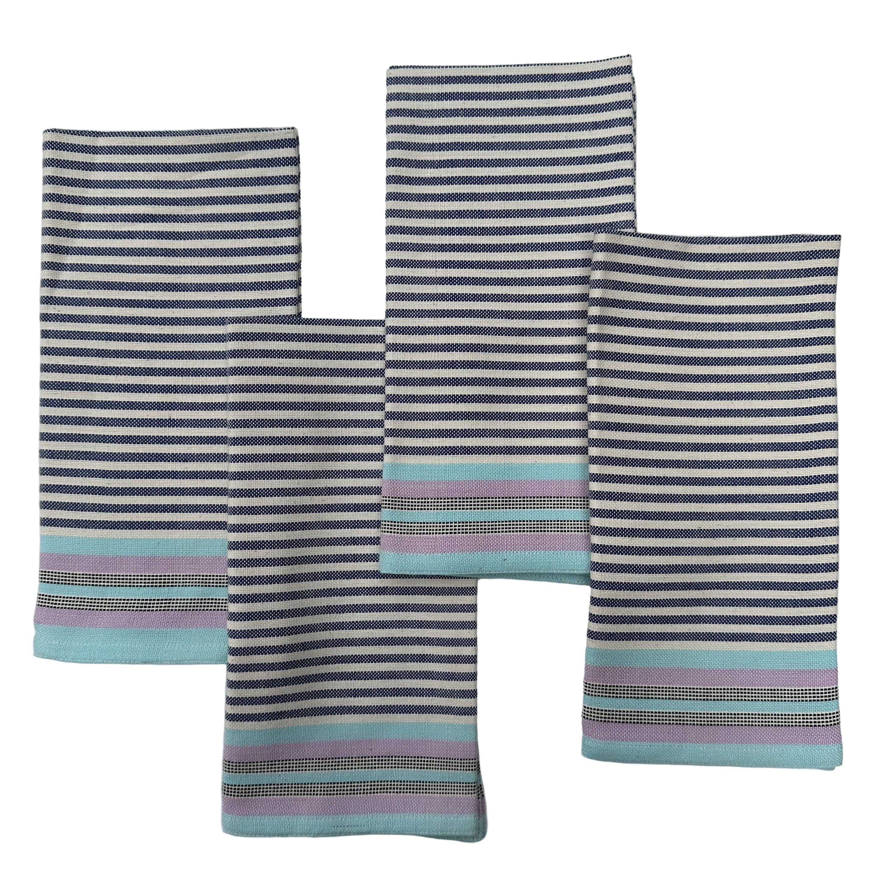 Set of four striped fabric panels with blue, white, and multicolor patterns on a light gray background.