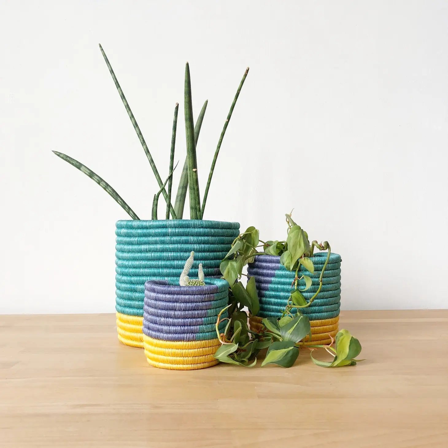 Woven Sisal & Sweetgrass Planters: Purple & Aqua - Zawadisha