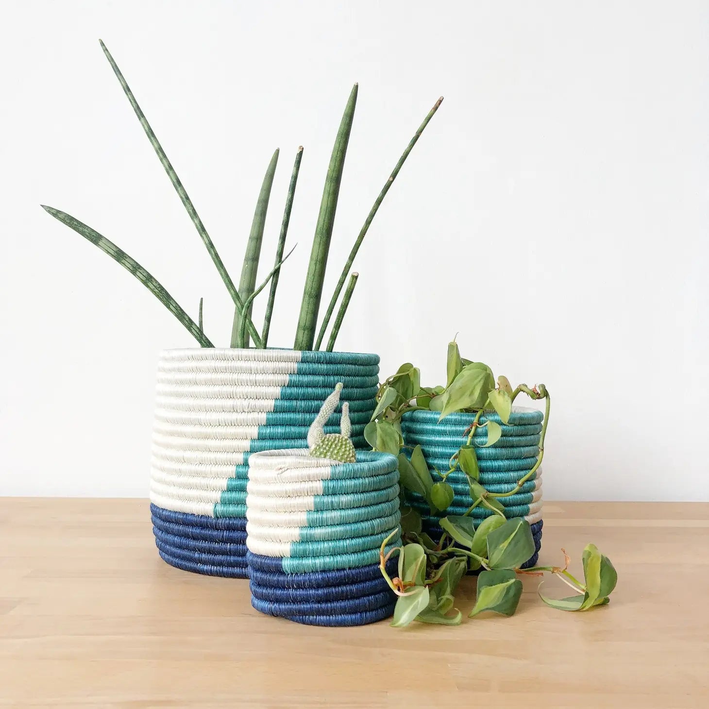 Woven Sisal & Sweetgrass Planters: Blue & White - Zawadisha